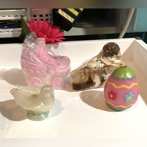NEW candles Baby stroller, white dove & decorated Egg. Chocolate Cake soap